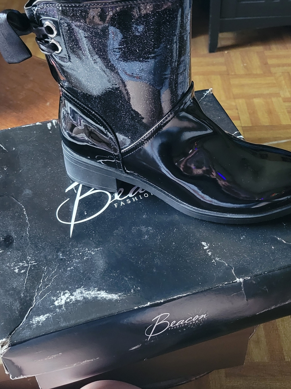 Beacon Black Glossy Rain Boots with Sparkle Shaft
